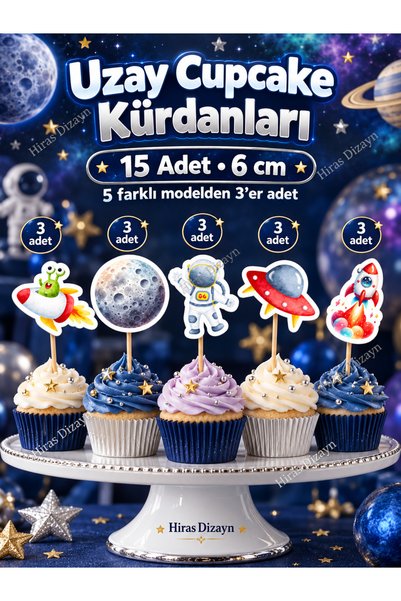 Hiras Dizayn Kuromi54 32 Piece Space Astronaut Themed Giant Set Birthday Ornament, Banner Cake Toothpick Cupcake Ornament