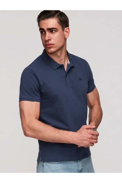 OMBRE Tricou polo BASIC pentru bărbați, din tricot pique, culoare uni, albast...