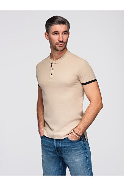 OMBRE Tricou polo bărbătesc fără guler, bej OM-TSCT-0156