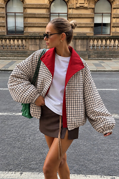 Trendsensin Lorven Oversize Kadın Ekose Ceket Kırmızı Yaka Balon Kol