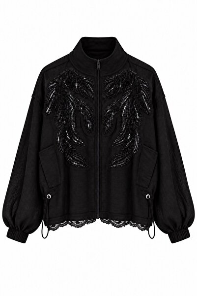 elifteke Front Sequin Embroidered Jacket Black