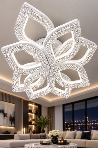 Melize Flora Model Beyaz 8"li Ledli Tavana Sıfır 3 Renk Modu Kristal Salon Mu...