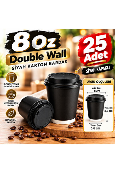 maycup 8 Oz Double Wall Çift Duvar SİYAH Karton Bardak Latte Bardağı 25 Adet ...