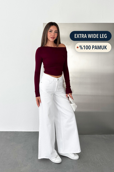 HLT JEANS Kadın Beyaz Extra Wide Leg Yüksek Bel %100 Pamuk Jean Kot Pantolon ...
