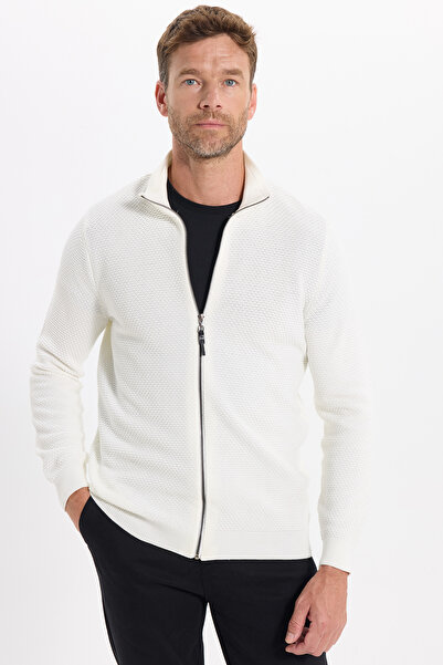 Tudors Gemusterter weißer Herren-Cardigan mit halbem Rollkragen und Reißversc...