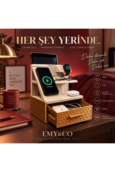 EMYCO. Çekmeceli Masaüstü Organizer – Telefon Tablet Akıllı Saat Kulaklık ve ...