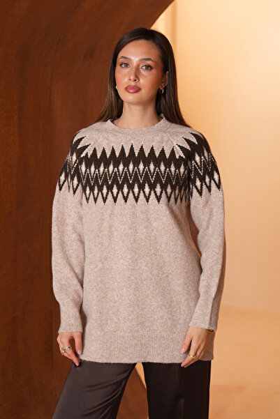 Balenbi Pulover de damă cu gât turnat, cu model geometric jacquard, din trico...