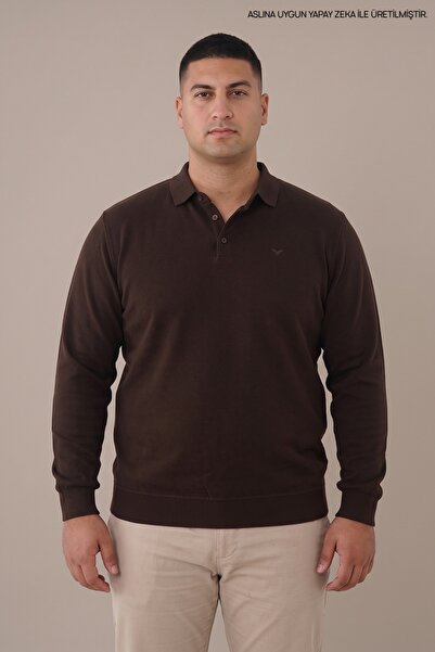 Maccali Men's Plus Size Winter Loose Dark Brown Polo Neck Sweater