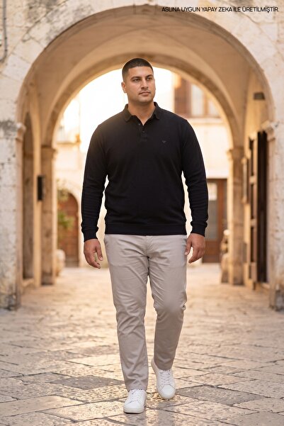 Maccali Men's Plus Size Winter Loose Black Polo Neck Sweater