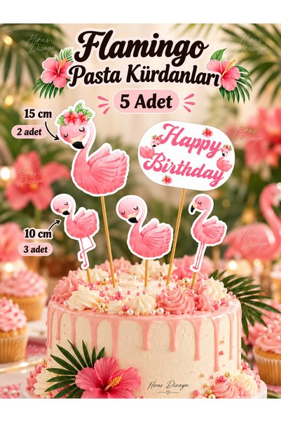 Hiras Dizayn 5 Pcs Flamingo Themed Cake Toothpicks Set Birthday Ornaments Cak...