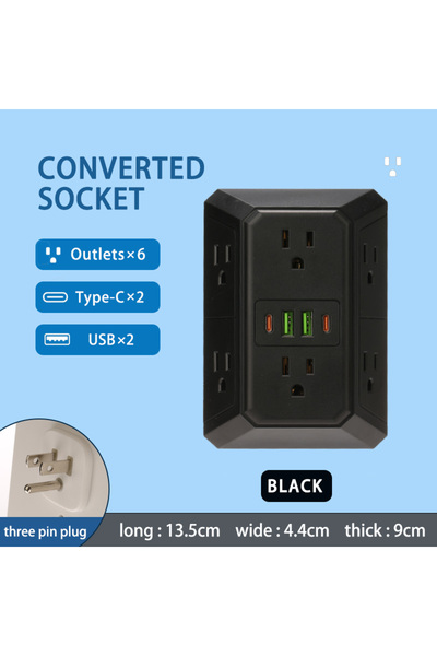 Choice1 مقبس طاقة أمريكي 986 أسود مع 6 منافذ تيار متردد، ومنفذين USB، ومنفذين...