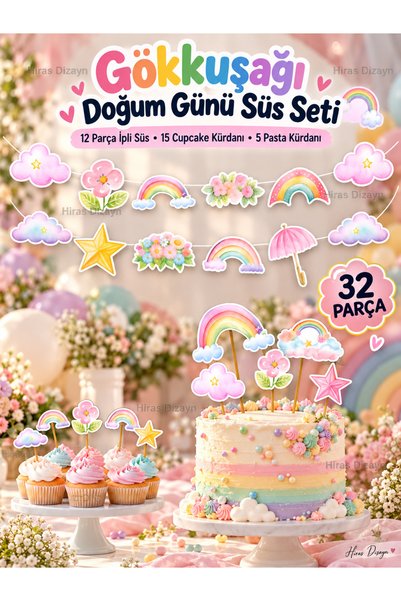 Hiras Dizayn Kuromi-32Parça Gökkuşağı Bulut Yıldız Temalı Dev Doğum Günü Süsü...