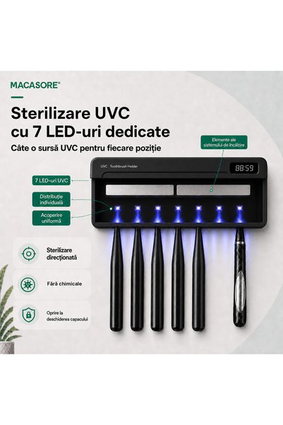 MACASORE Suport Periuțe de Dinți cu Sterilizare UV-C și Uscare cu Aer Cald, Montare fără Găuri, 5 Periuțe, Acumulator 2000mAh, USB-C