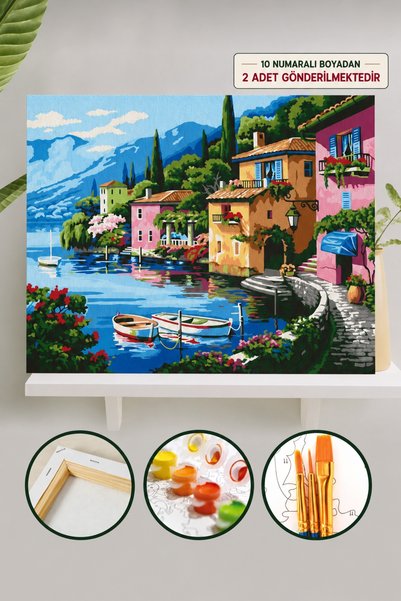 Palmiye Hobi & Sanat Sayılarla Boyama 40x50 Cm Tuval Seti Fırça Boya Dahil Çıtaya Gerili - Deniz Evler