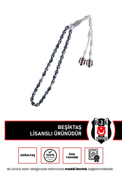 Beşiktaş Bjk Logolu Fasetli Hematit Doğal Taş Metalik Gri Metal Püsküllü Hediye Kutulu Tespih