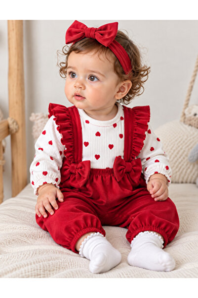 ASİLA Kırmızı Kalp Desenli Şapkalı Kız Bebek Tulum