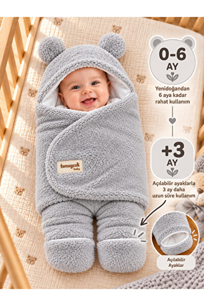Tomuycuk Gray Welsoft Winter Baby Blanket with Openable Feet, Swaddle and Sle...
