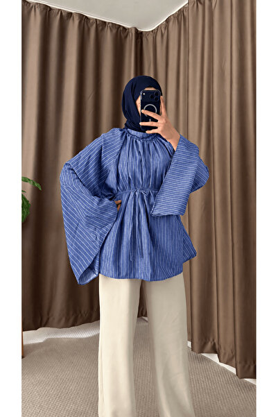 Hepsi Moda İspanyol Kol İnce Çizgili Oversize Tunik Hpm - Saks Mavisi
