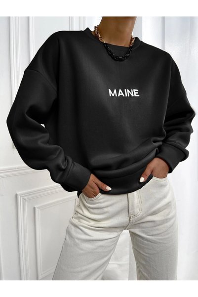 Mythologie 3 İplik Maine Winter Thick Sweatshirt - Black Printed Oversize Rai...