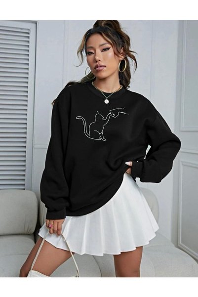 Mythologie 3 İplik Cat Bro Sweatshirt - Black Printed Oversize Raised Crew Neck