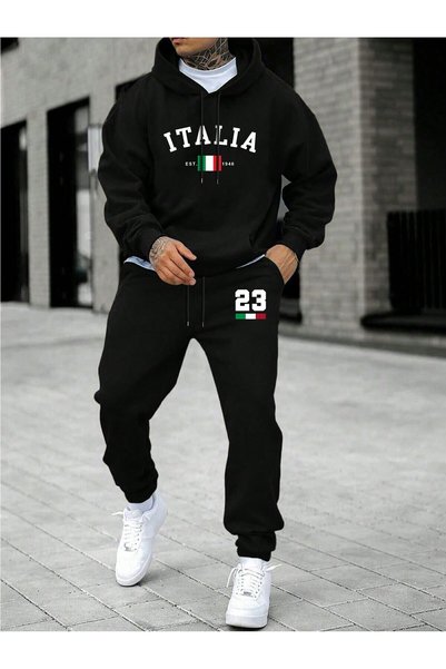 Mythologie 3 İplik Italia 23 Sweatshirt Sweatpants Jogger - Black Printed Bot...