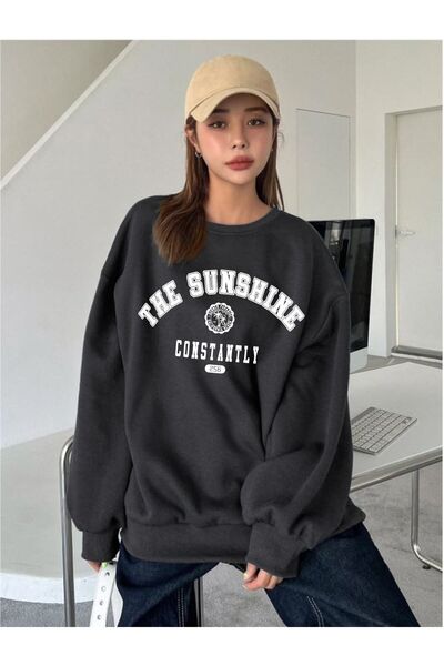 Mythologie 3 İplik the Sunshine Sweatshirt - Black Printed Oversize Raised Cr...