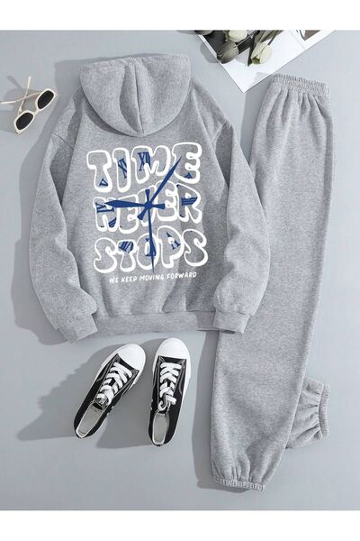 Mythologie 3 İplik Time Sweatshirt Sweatpants Jogger - Gray Printed Bottom To...