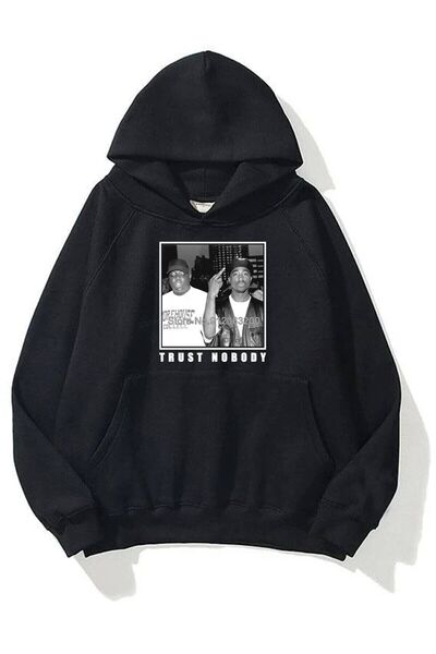 Mythologie 3 İplik Trust Nobody 2Pac Sweatshirt - Black Printed Oversize Hoodie