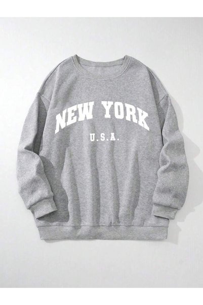 Mythologie 3 Thread New York U.S.A Winter Thick Sweatshirt - Gray Printed Ove...