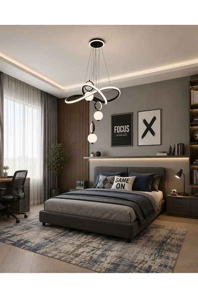 best power ثريا علاقي مودرن LED سوداء بتصميم هندسي مرصع بالكريستال وكرات مضيئ...
