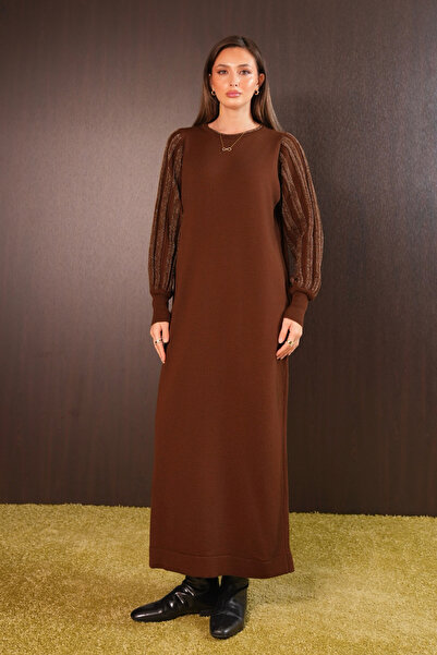 Balenbi Women's Openwork Balloon Sleeve Detailed Long Knitwear Dress 8421 Brown