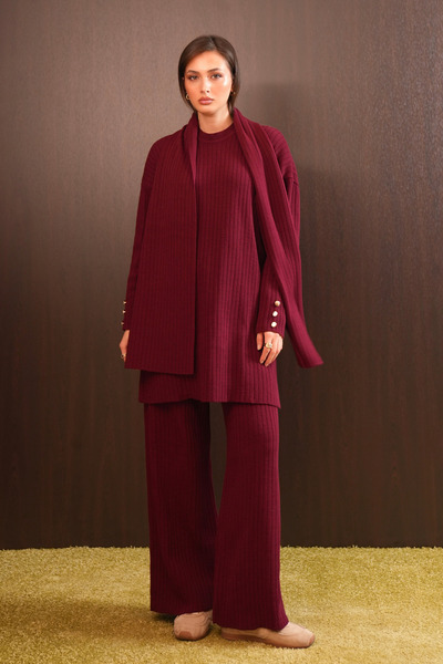 Balenbi Women's Button Detailed Vertical Ribbed Shawl Hijab Knitwear Set 8583...