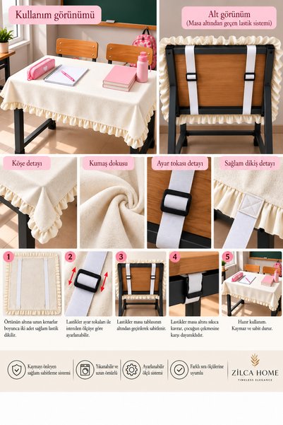 ZİLCA HOME Elastic-Ruffled School Desk Cover 120X55 cm – Double Student Desk ...