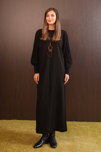 Balenbi Women's Openwork Balloon Sleeve Detailed Long Knitwear Dress 8421 Black