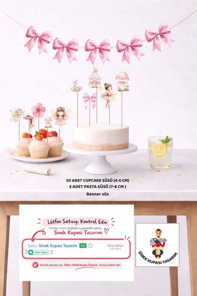Sinek Kupası Tasarım Set za rođendan vilinske devojke 5 figurica, banner, 5 f...