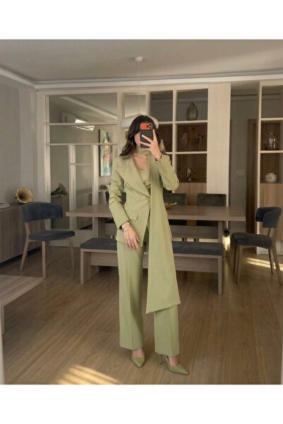 Genel Markalar Eyza Fashion Boyundan Bağlamalı Premium Açık Haki Kruvaze Ceke...