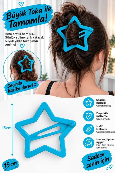 Yıldız Desenli Toka – Big Hair Clip 15 Cm (Açık Mavi)