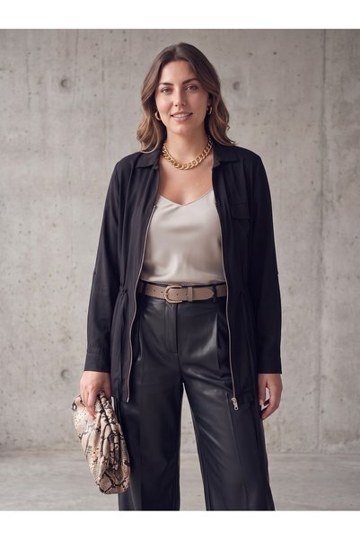 STORi Kadın Büyük Beden Mevsimlik Fermuarlı Gömlek Ceket Beli Bağcıklı Cepli Modal Siyah