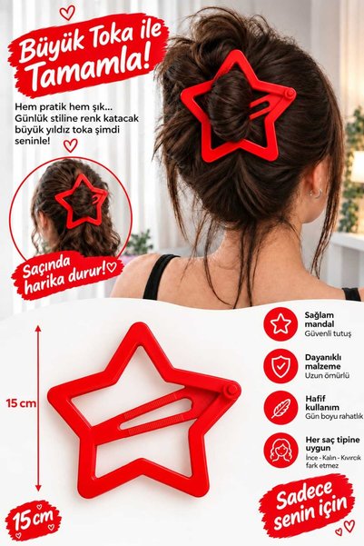 Yıldız Desenli Toka – Big Hair Clip 15 Cm (Kırmızı)