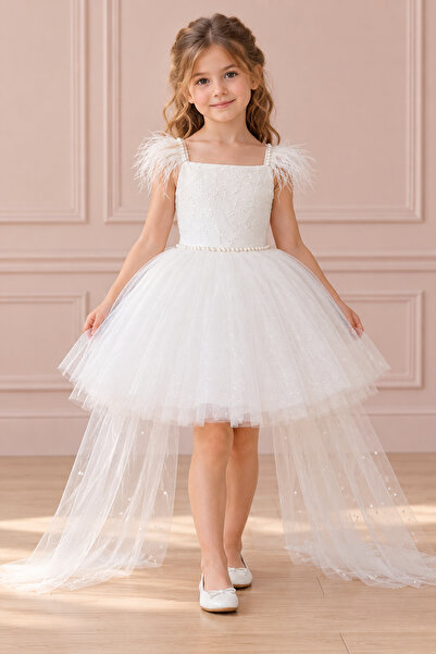 Black&White Tutu Kids Dress Ostrich Feather Mini Dress with Tail on the Back