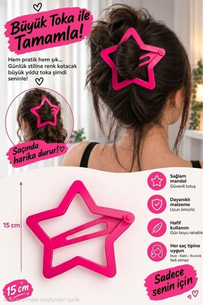 Yıldız Desenli Toka – Big Hair Clip 15 Cm (Pembe)