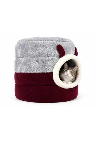 Nerotex Bordo Gri Kutu Kedi Yatağı Yuvası Yıkanabilir 40x40 Cm