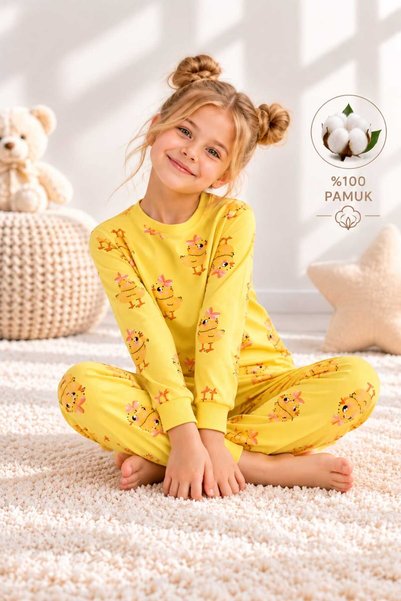 MADALİNA KIZ ÇOCUK %100 PAMUKLU CİVCİV DESEN PİJAMA TAKIMI