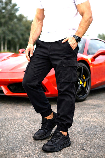 Denim Black Lycra Pants with Cargo Pockets and Elastic Waistband