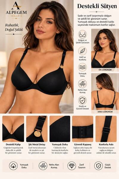 Alpegem Tekstil ALPEGEM Push up lazer kesim destekli balenli siyah sütyen