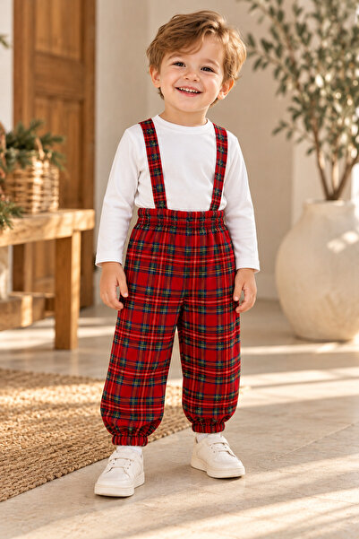 Moda Lina Boy's Red Plaid Patterned Salopet