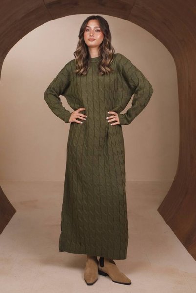 Balenbi Women's maxi length embossed textured hijab knit dress 8501 khaki