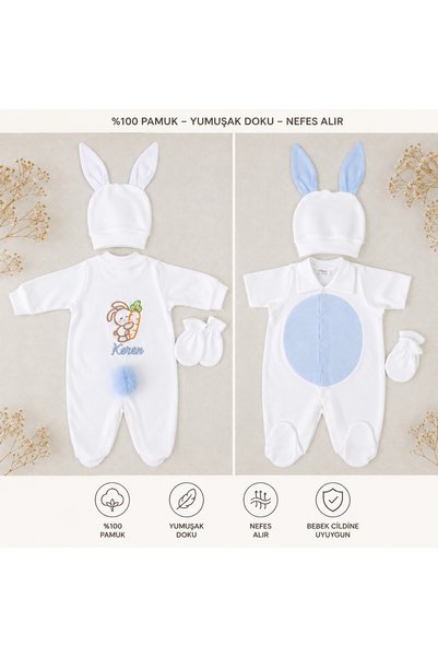 Dolce Lale Studio Kişiye Özel İsimli Tavşan Kulaklı ve Kuyruklu 0-3 Ay Bebek ...