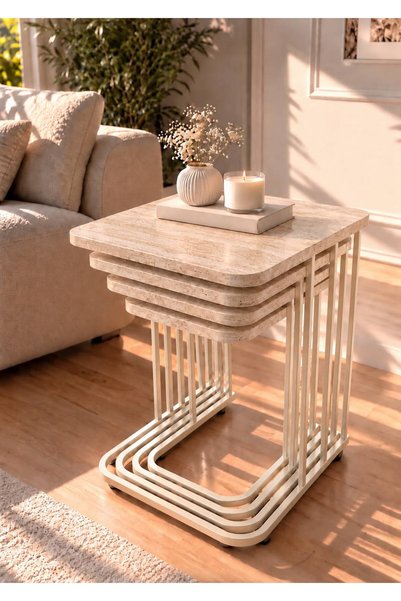Zigon MODERN TEKERLİ 4'LÜ KREM - TRAVERTEN SEHPA