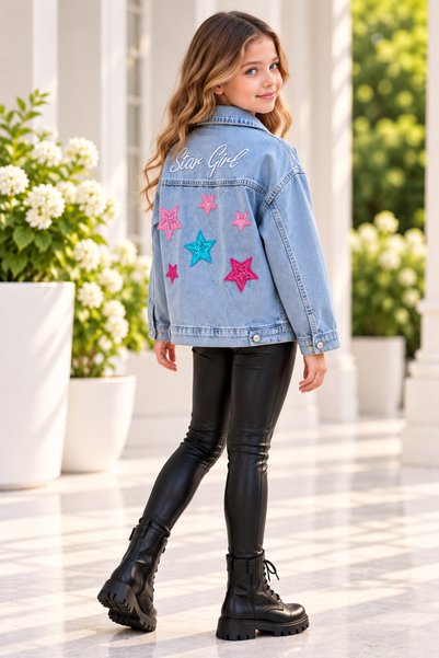 DUDOR KİDS Girl's Sequin Sequin Embroidered Daisy Jeans Jacket-Holiday Holder